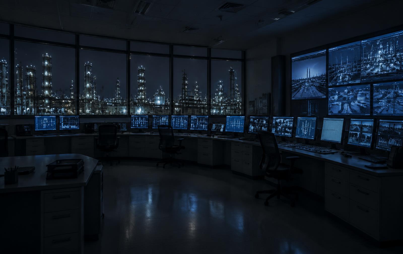 Refinery control room at night