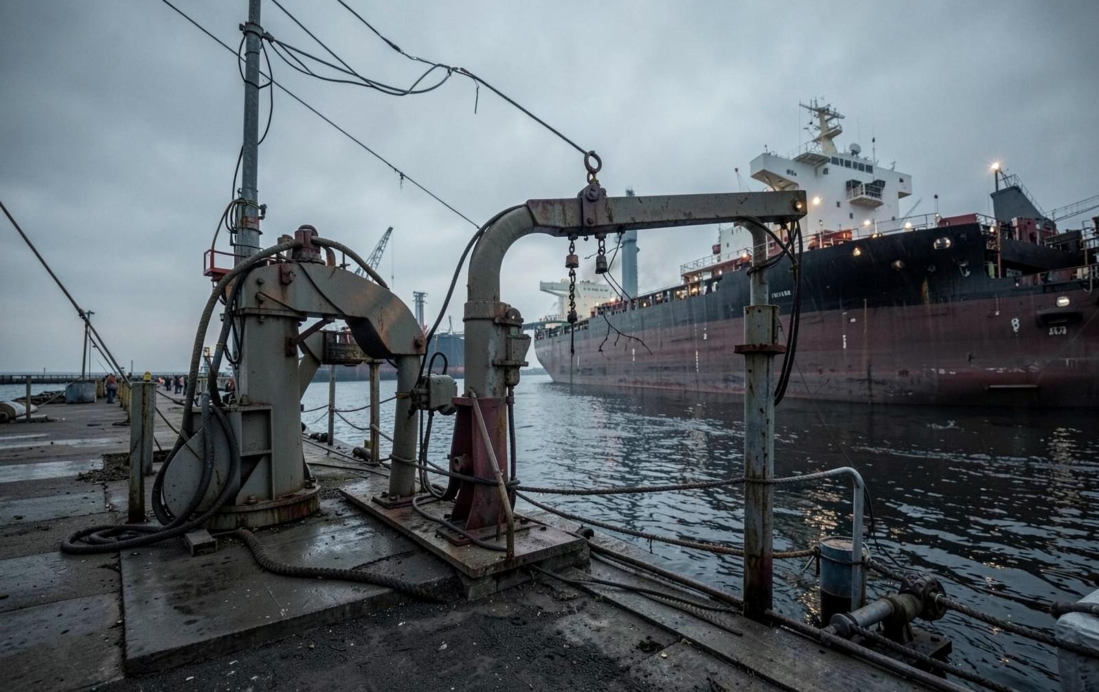 Marine loading arms with a tanker berthed alongside