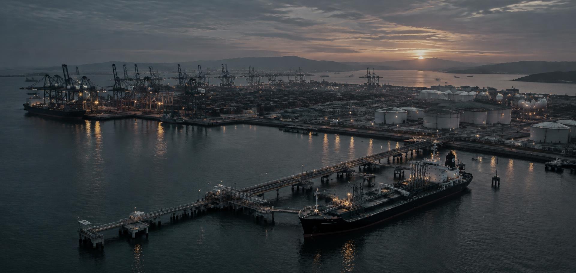 Port terminal with berthed tanker at dawn